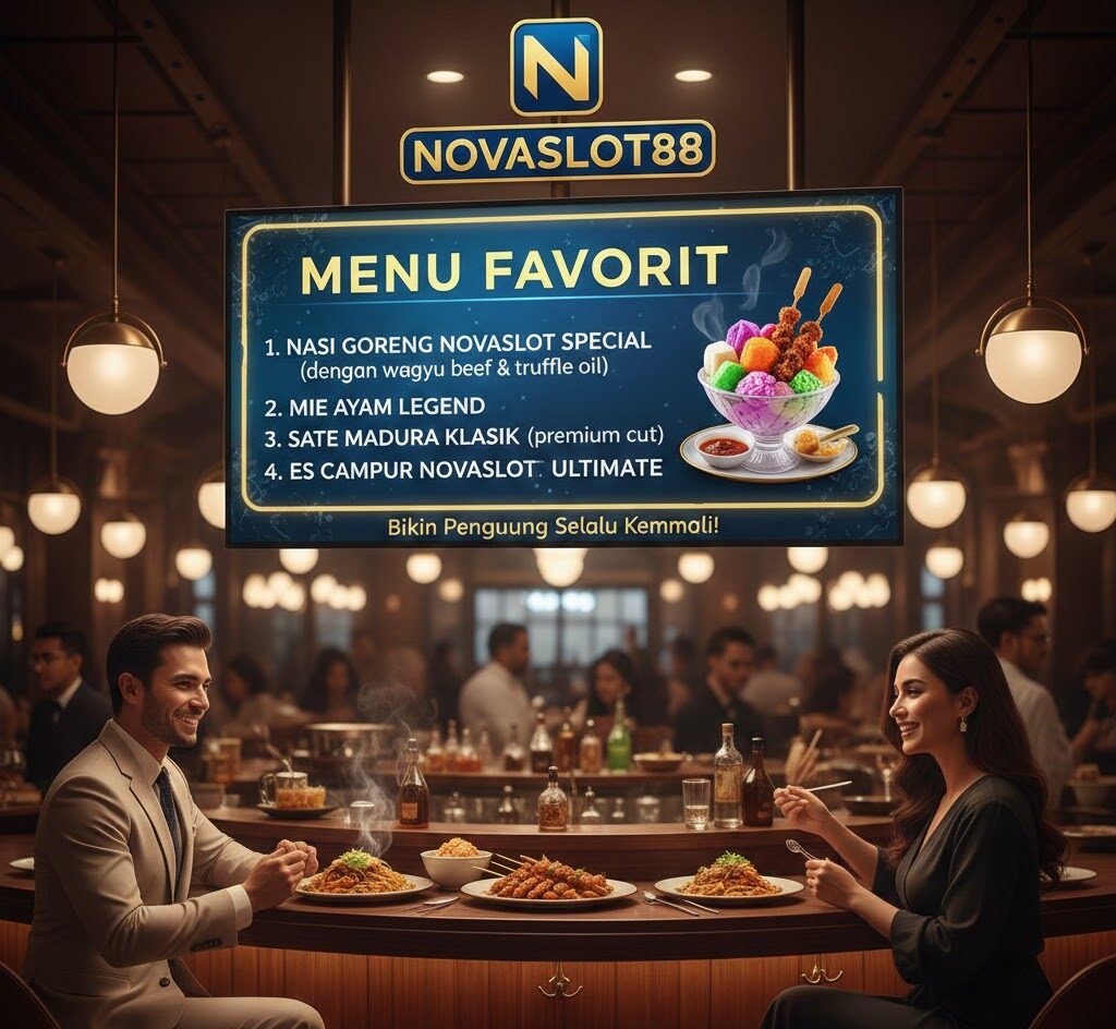 Pengunjung Novaslot88 menikmati menu favorit seperti Nasi Goreng, Mie Ayam, dan Sate Madura di restoran mewah, dengan papan menu digital 'NOVASLOT88 Menu Favorit' terlihat jelas di latar belakang.